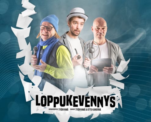 Loppukevennys-esityksen näyttelijät lavalla hulvattomassa sketsikohtauksessa.